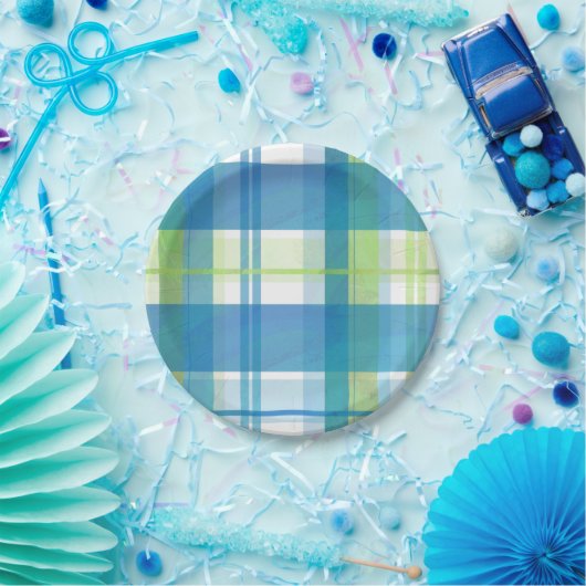 Assiettes En Carton Vert et bleu de plaid de Madras (Fête)