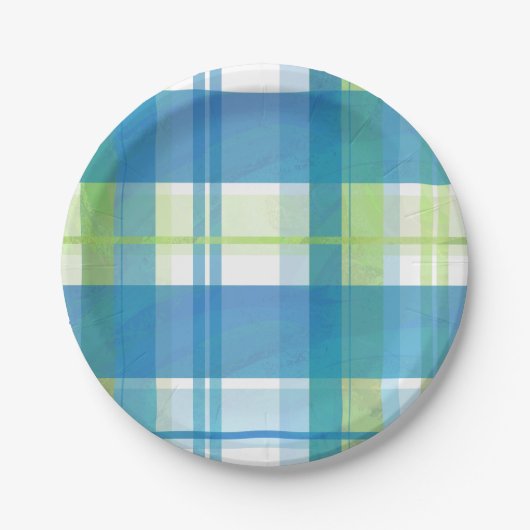 Assiettes En Carton Vert et bleu de plaid de Madras (Devant)
