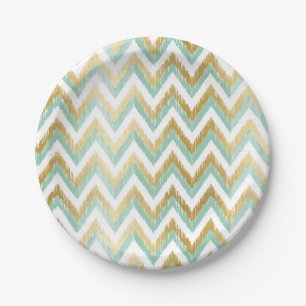 Assiettes En Carton Vert et Faux Gold Foil Chevron Ikat Motif