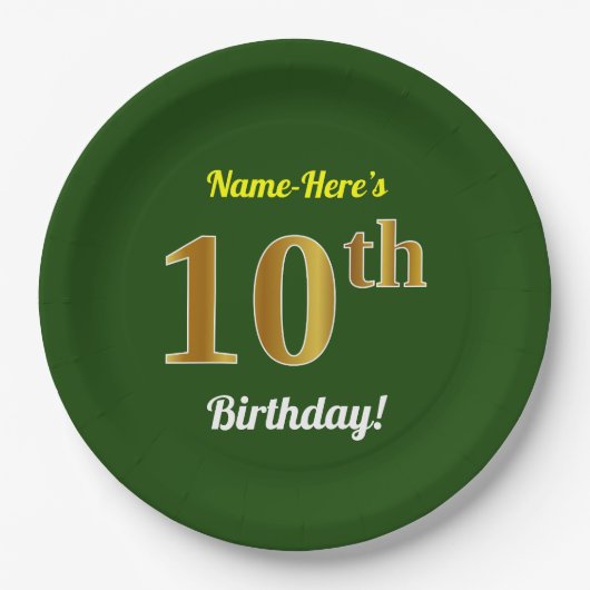 Assiettes En Carton Vert, Faux Gold 10e anniversaire + Nom personnalis (Devant)