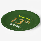 Assiettes En Carton Vert, Faux Gold 13e anniversaire + Nom personnalis (Angle)