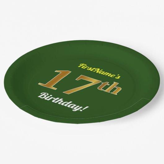 Assiettes En Carton Vert, Faux Gold 17e anniversaire + Nom personnalis (Angle)