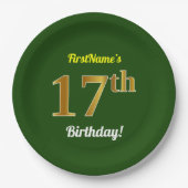 Assiettes En Carton Vert, Faux Gold 17e anniversaire + Nom personnalis (Devant)