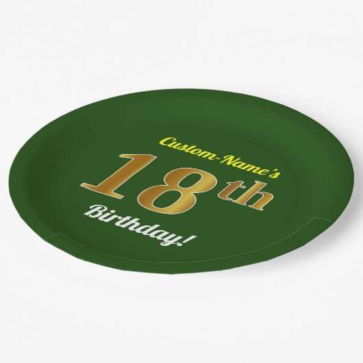 Assiettes En Carton Vert, Faux Gold 18e anniversaire + Nom personnalis (Angle)