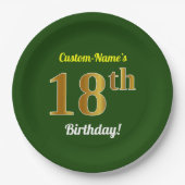 Assiettes En Carton Vert, Faux Gold 18e anniversaire + Nom personnalis (Devant)