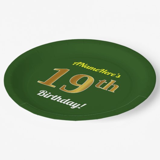 Assiettes En Carton Vert, Faux Gold 19e anniversaire + Nom personnalis (Angle)