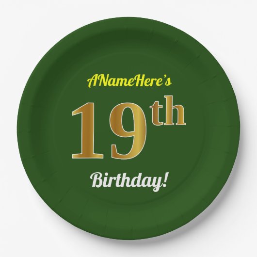 Assiettes En Carton Vert, Faux Gold 19e anniversaire + Nom personnalis (Devant)