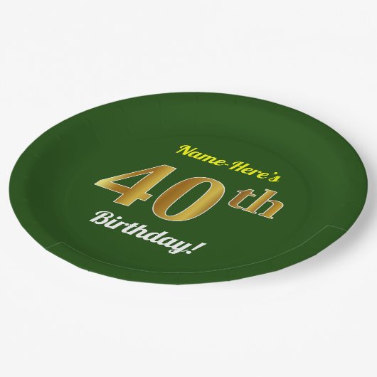 Assiettes En Carton Vert, Faux Gold 40e anniversaire + Nom personnalis (Angle)