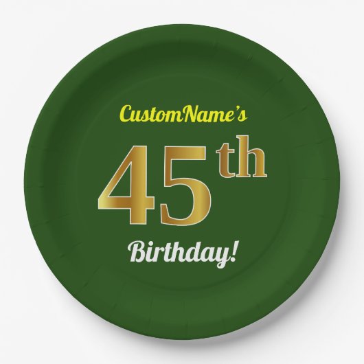 Assiettes En Carton Vert, Faux Gold 45e anniversaire + Nom personnalis (Devant)