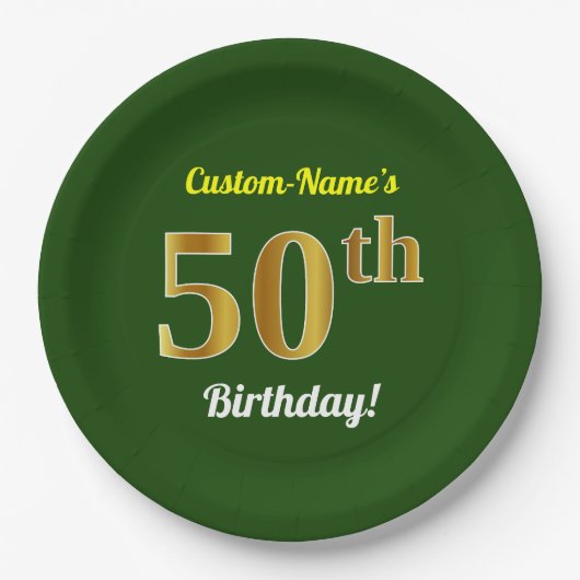 Assiettes En Carton Vert, Faux Gold 50e anniversaire + Nom personnalis (Devant)