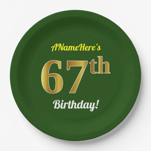 Assiettes En Carton Vert, Faux Gold 67e anniversaire + Nom personnalis (Devant)