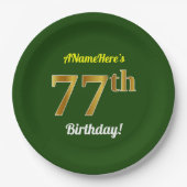 Assiettes En Carton Vert, Faux Gold 77e anniversaire + Nom personnalis (Devant)