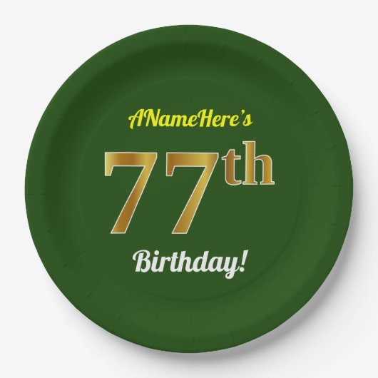 Assiettes En Carton Vert, Faux Gold 77e anniversaire + Nom personnalis (Devant)