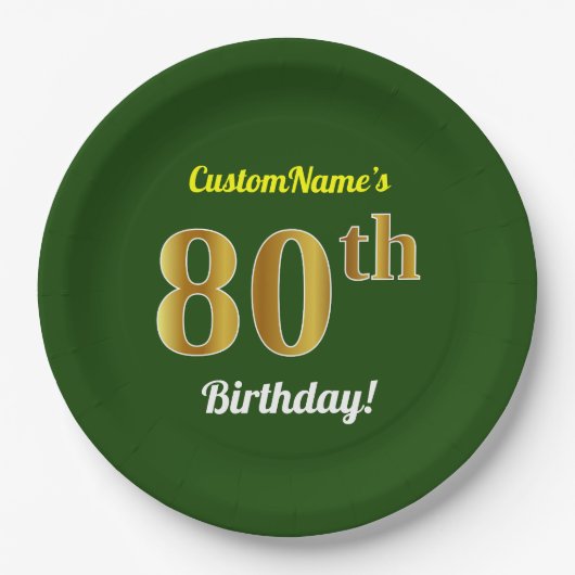 Assiettes En Carton Vert, Faux Gold 80e anniversaire + Nom personnalis (Devant)