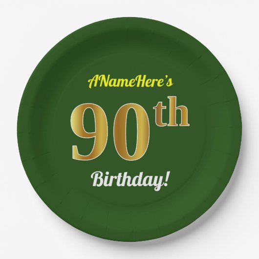 Assiettes En Carton Vert, Faux Gold 90e anniversaire + Nom personnalis