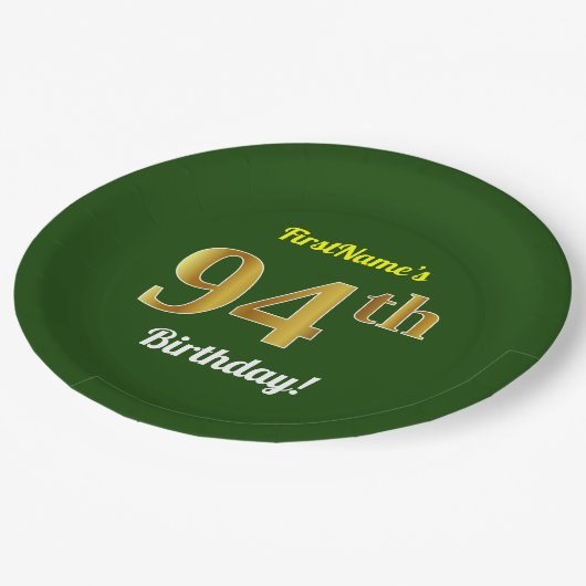 Assiettes En Carton Vert, Faux Gold 94e anniversaire + Nom personnalis (Angle)