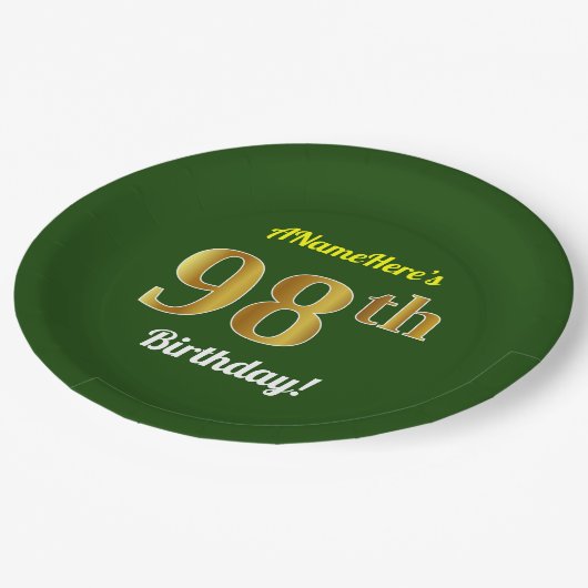 Assiettes En Carton Vert, Faux Gold 98e anniversaire + Nom personnalis (Angle)
