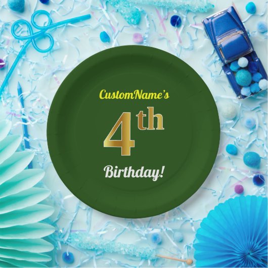 Assiettes En Carton Vert, Faux Or 4ème anniversaire + Nom personnalisé (Fête)