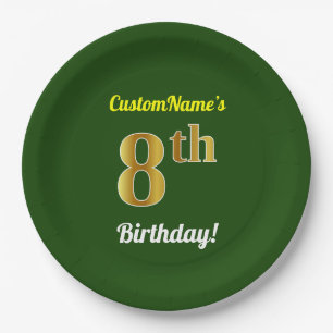 Assiettes En Carton Vert, Faux Or 8ème anniversaire + Nom personnalisé