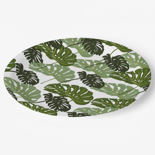 Assiettes En Carton Vert feuille de monstère tropicale (Angle)