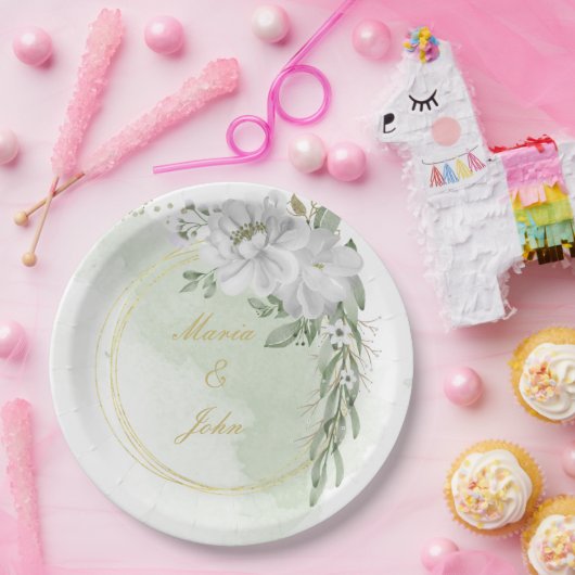 Assiettes En Carton vert fleur blanc feuille or courge vert (Fête)