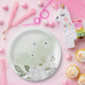 Assiettes En Carton vert fleur blanc feuille sauge vert (Fête)