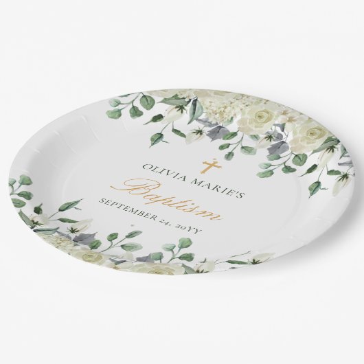 Assiettes En Carton Vert Floral Blanc Simple Baptême Moderne (Angle)