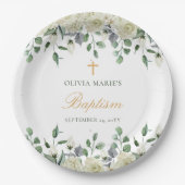 Assiettes En Carton Vert Floral Blanc Simple Baptême Moderne (Devant)
