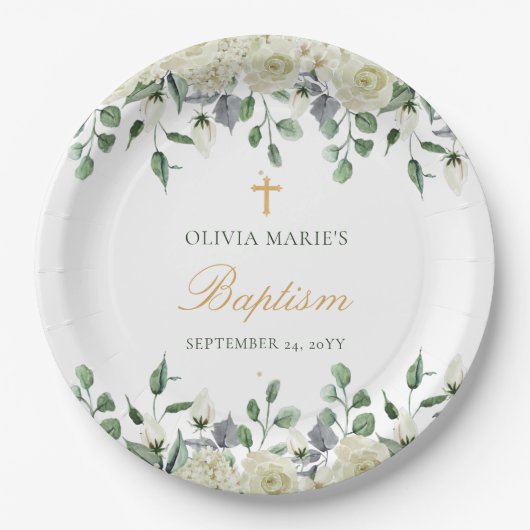 Assiettes En Carton Vert Floral Blanc Simple Baptême Moderne (Devant)