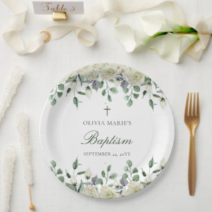 Assiettes En Carton Vert Floral Blanc Simple Baptême Moderne