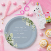 Assiettes En Carton Vert Floral Élégant Dusty Blue Mariage (Fête)