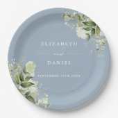 Assiettes En Carton Vert Floral Élégant Dusty Blue Mariage (Devant)