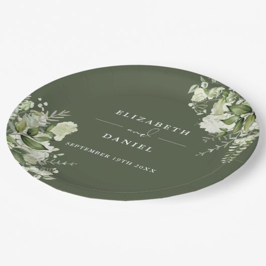 Assiettes En Carton Vert Floral Élégant Olive Vert Mariage (Angle)