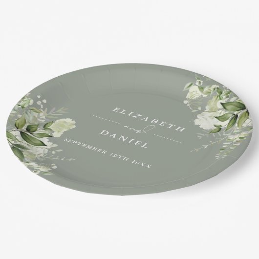 Assiettes En Carton Vert Floral Élégant Sage Vert Mariage (Angle)