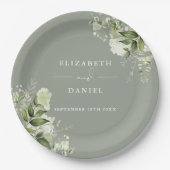 Assiettes En Carton Vert Floral Élégant Sage Vert Mariage (Devant)