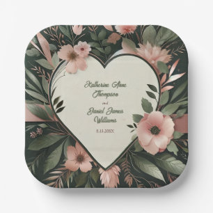 Assiettes En Carton Vert foncé luxuriant et rose pâle Mariage floral
