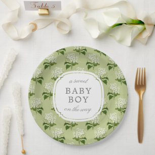 Assiettes En Carton Vert Hydrangea Motif Sweet Baby Genre Neutre