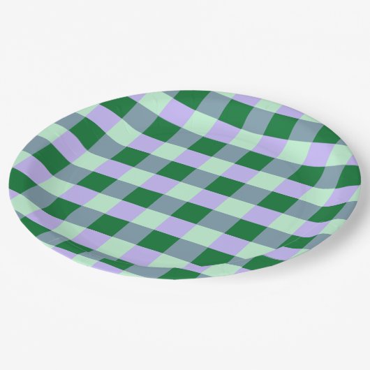 Assiettes En Carton Vert & Lavande En vichy Rayures Karo Motif (Angle)