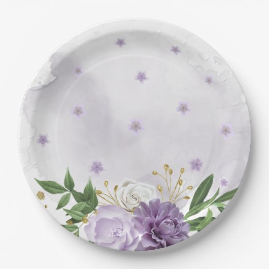 Assiettes En Carton vert mauve blanc fleuri (Devant)