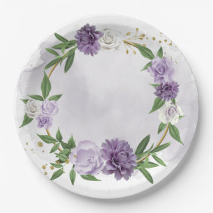 Assiettes En Carton vert mauve blanc fleuri