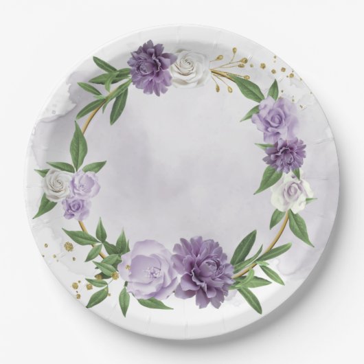 Assiettes En Carton vert mauve blanc fleuri (Devant)
