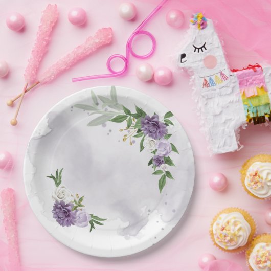 Assiettes En Carton vert mauve blanc fleuri (Fête)