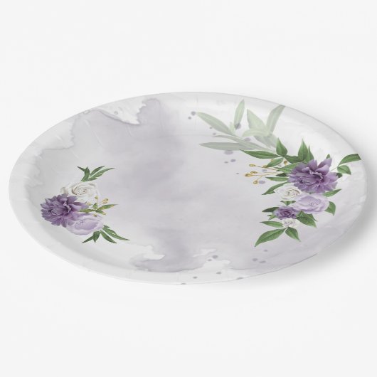 Assiettes En Carton vert mauve blanc fleuri (Angle)