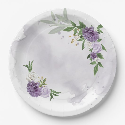 Assiettes En Carton vert mauve blanc fleuri (Devant)