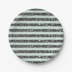 Assiettes En Carton Vert Menthe et Bandes de Paillettes Argentées Fête