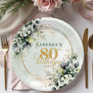 Assiettes En Carton Vert poussiéreux aquarelle botanique 80e anniversa
