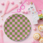 Assiettes En Carton Vert rose À damiers En vichy Motif (Fête)