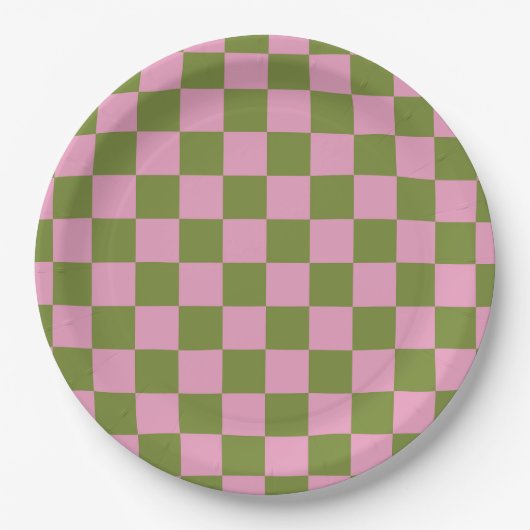 Assiettes En Carton Vert rose À damiers En vichy Motif (Devant)