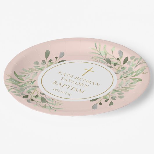 Assiettes En Carton Vert rose pâle Baptême Baptême Baptême (Angle)