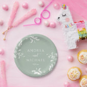 Assiettes En Carton Vert Sage Clair Mariage Élégant Luxe Flourdissant (Fête)